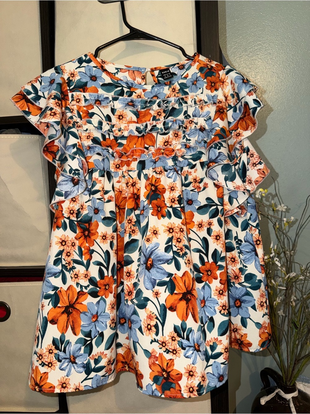 SHEIN Orange & Blue Floral Ruffle Tank Top